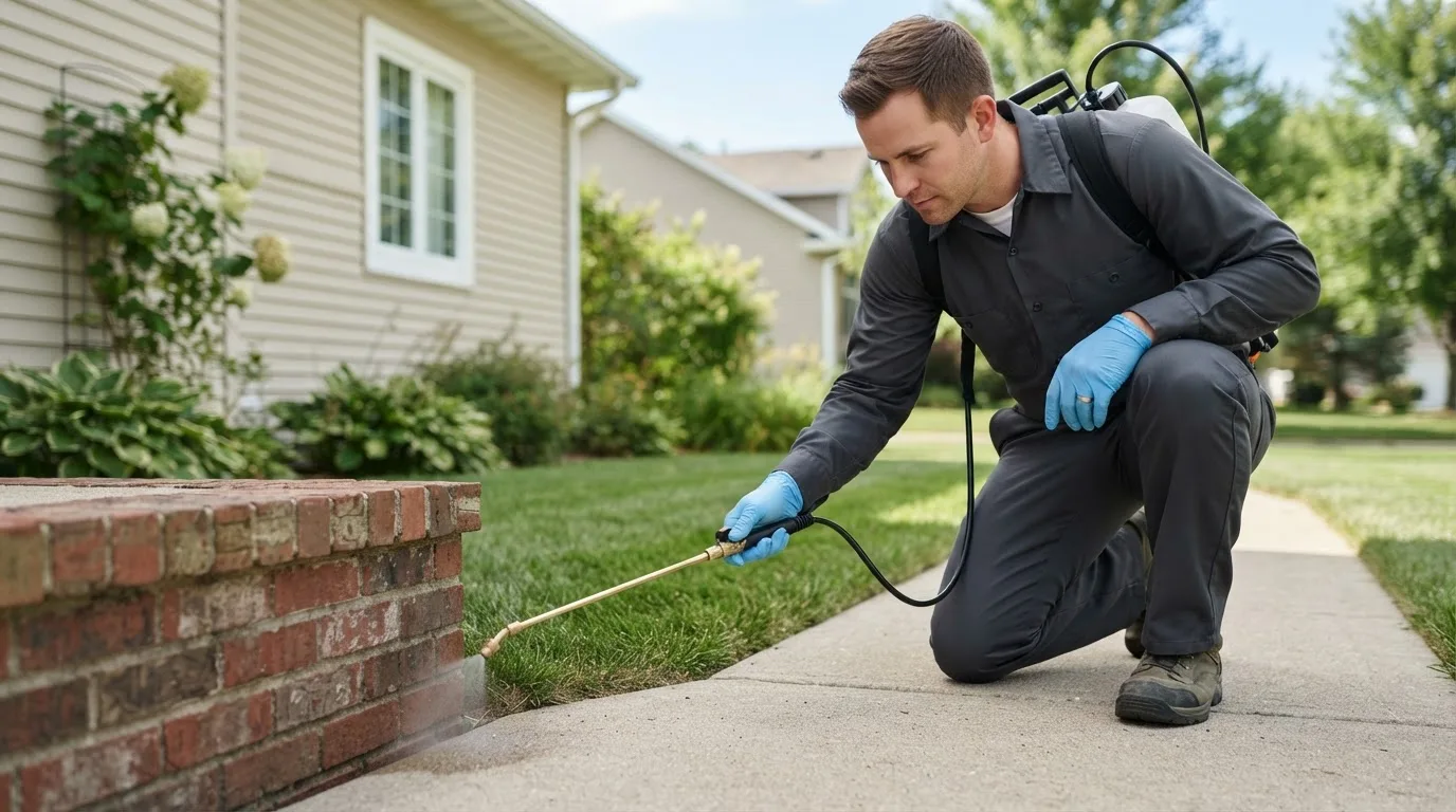 Pest control technician treating a home near Galloway, OH