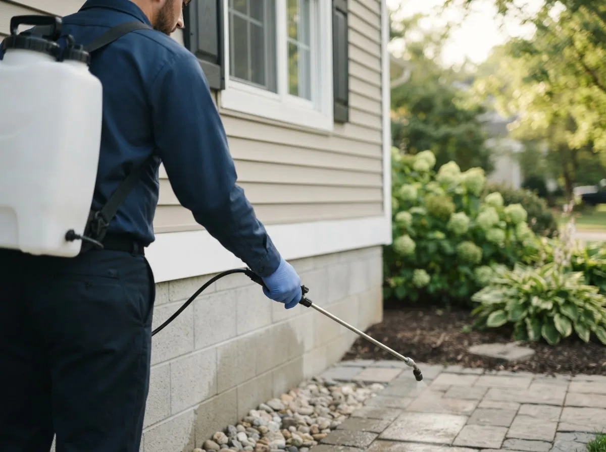 Pest control technician inspecting a home in Galloway, OH